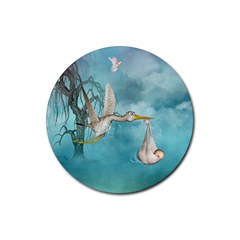 Cute Baby Is Coming With Stork Rubber Coaster (round)  by FantasyWorld7