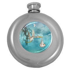 Cute Baby Is Coming With Stork Round Hip Flask (5 Oz) by FantasyWorld7