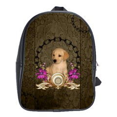 Cute Little Puppy With Flowers School Bag (large) by FantasyWorld7