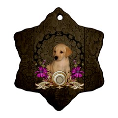 Cute Little Puppy With Flowers Snowflake Ornament (two Sides) by FantasyWorld7