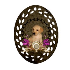 Cute Little Puppy With Flowers Ornament (oval Filigree) by FantasyWorld7