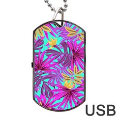 Tropical Greens Pink Leaves Dog Tag Usb Flash (two Sides) by HermanTelo