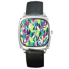 Leaves Rainbow Pattern Nature Square Metal Watch