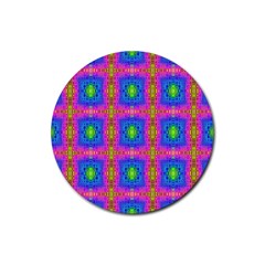 Groovy Pink Blue Yellow Square Pattern Rubber Coaster (round)  by BrightVibesDesign