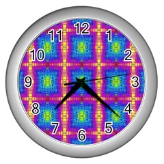 Groovy Blue Pink Yellow Square Pattern Wall Clock (silver) by BrightVibesDesign