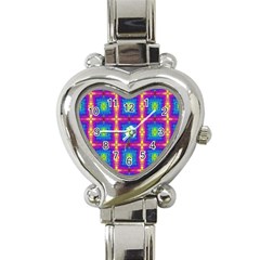 Groovy Blue Pink Yellow Square Pattern Heart Italian Charm Watch by BrightVibesDesign