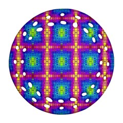 Groovy Blue Pink Yellow Square Pattern Round Filigree Ornament (two Sides) by BrightVibesDesign