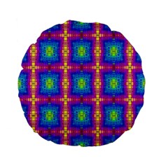 Groovy Blue Pink Yellow Square Pattern Standard 15  Premium Flano Round Cushions by BrightVibesDesign