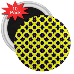 Modern Dark Blue Flowers On Yellow 3  Magnets (10 pack) 