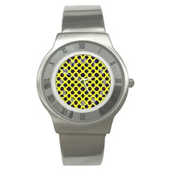 Modern Dark Blue Flowers On Yellow Stainless Steel Watch