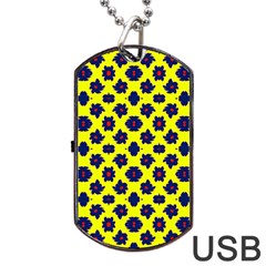 Modern Dark Blue Flowers On Yellow Dog Tag USB Flash (Two Sides)