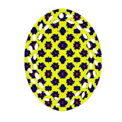 Modern Dark Blue Flowers On Yellow Ornament (oval Filigree) by BrightVibesDesign