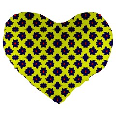 Modern Dark Blue Flowers On Yellow Large 19  Premium Heart Shape Cushions