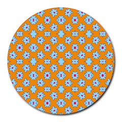 Modern Blue Flowers  On Orange Round Mousepads by BrightVibesDesign