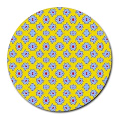 Modern Blue Flowers  On Yellow Round Mousepads by BrightVibesDesign