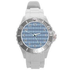 Cute Flowers Pattern Pastel Blue Round Plastic Sport Watch (l) by BrightVibesDesign