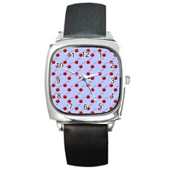 Kawaii Cherries Blue Pattern Square Metal Watch by snowwhitegirl