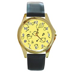 Tea Seamless Pattern Teatime Round Gold Metal Watch