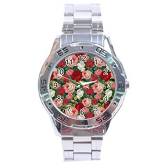 Roses Repeat Floral Bouquet Stainless Steel Analogue Watch by Nexatart