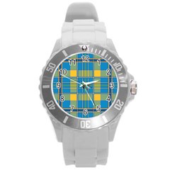 Plaid Tartan Scottish Blue Yellow Round Plastic Sport Watch (l)