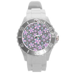 Seamless Pattern Flowers Pink Round Plastic Sport Watch (L)