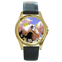 Pink Snowball Branch  Round Gold Metal Watch