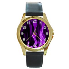 Smoke Flame Abstract Purple Round Gold Metal Watch by Pakrebo