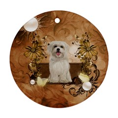 Cute Maltese Puppy With Flowers Ornament (round) by FantasyWorld7