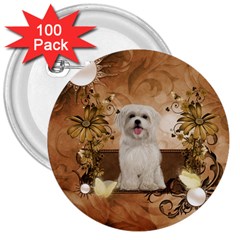 Cute Maltese Puppy With Flowers 3  Buttons (100 Pack)  by FantasyWorld7