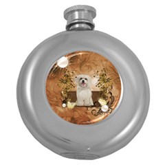 Cute Maltese Puppy With Flowers Round Hip Flask (5 Oz) by FantasyWorld7