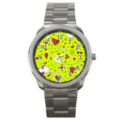 Valentin s Day Love Hearts Pattern Red Pink Green Sport Metal Watch by EDDArt