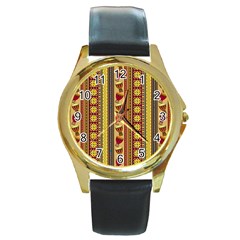 Traditional Africa Border Wallpaper Pattern Colored 4 Round Gold Metal Watch by EDDArt