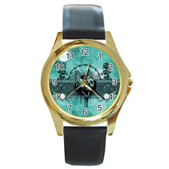 Awesome Skull With Wings Round Gold Metal Watch by FantasyWorld7