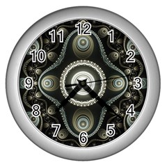 Fractal Beige Blue Abstract Wall Clock (Silver)