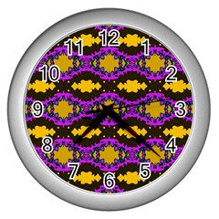 Seamless Wallpaper Digital Pattern Yellow Brown Purple Wall Clock (silver) by Pakrebo