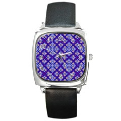 Symmetry Digital Art Pattern Blue Square Metal Watch