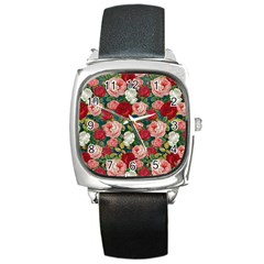 Roses Repeat Floral Bouquet Square Metal Watch by Pakrebo