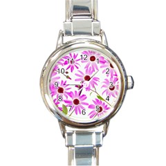 Pink Purple Daisies Design Flowers Round Italian Charm Watch