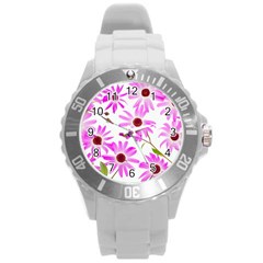 Pink Purple Daisies Design Flowers Round Plastic Sport Watch (L)