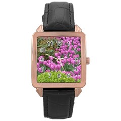 Late April Purple Tulip Rose Gold Leather Watch  by Riverwoman