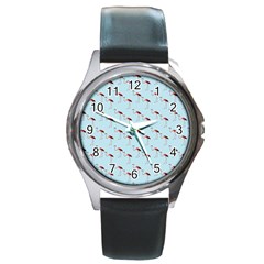 Flamingo Pattern Blue Round Metal Watch by snowwhitegirl