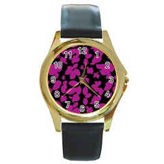 Dark Botanical Motif Print Pattern Round Gold Metal Watch by dflcprintsclothing