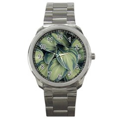 Closeup Photo Of Green Variegated Leaf Plants Sport Metal Watch