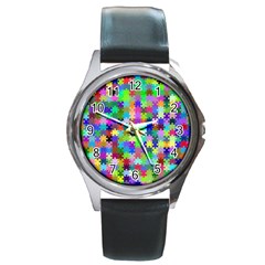 Jigsaw Puzzle Background Chromatic Round Metal Watch by HermanTelo