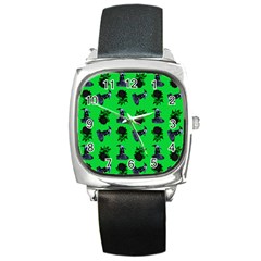 Gothic Girl Rose Green Pattern Square Metal Watch