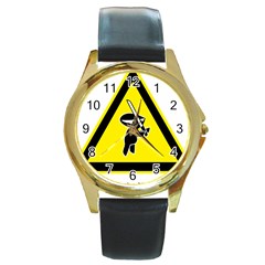 Ninja Signs Symbols Sword Fighter Round Gold Metal Watch