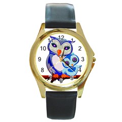 Owl Mother Owl Baby Owl Nature Round Gold Metal Watch