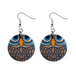 Owl Drawing Art Vintage Clothing Blue Feather Mini Button Earrings Front