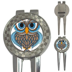 Owl Drawing Art Vintage Clothing Blue Feather 3-in-1 Golf Divots