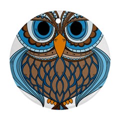 Owl Drawing Art Vintage Clothing Blue Feather Round Ornament (two Sides)